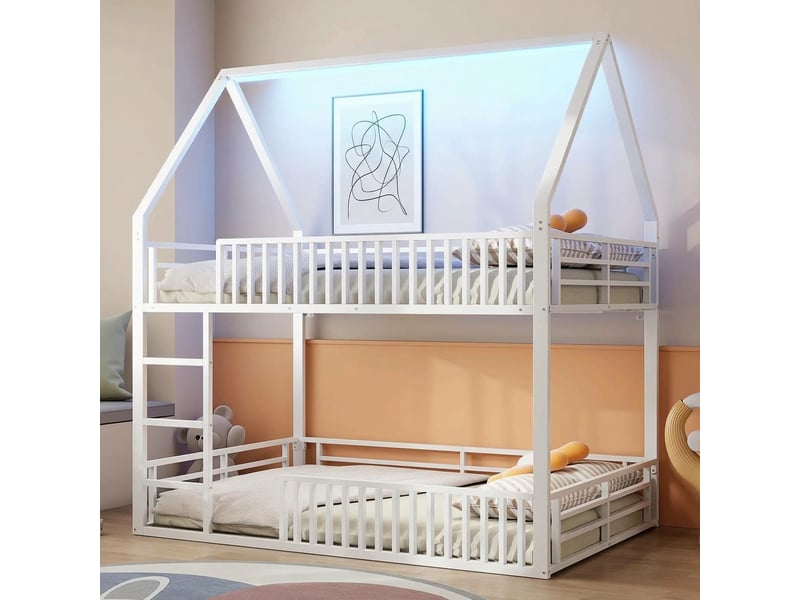  Lit cabane 140x200 avec led et barrière, lit enfant blanc en métal  - Conforama B