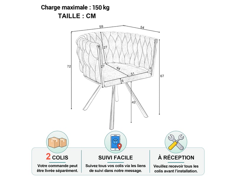  Chaise de salle à manger lot de 4 pivotante 360° avec dossier ergonomique et pieds en métal, velours beige  - Conforama D