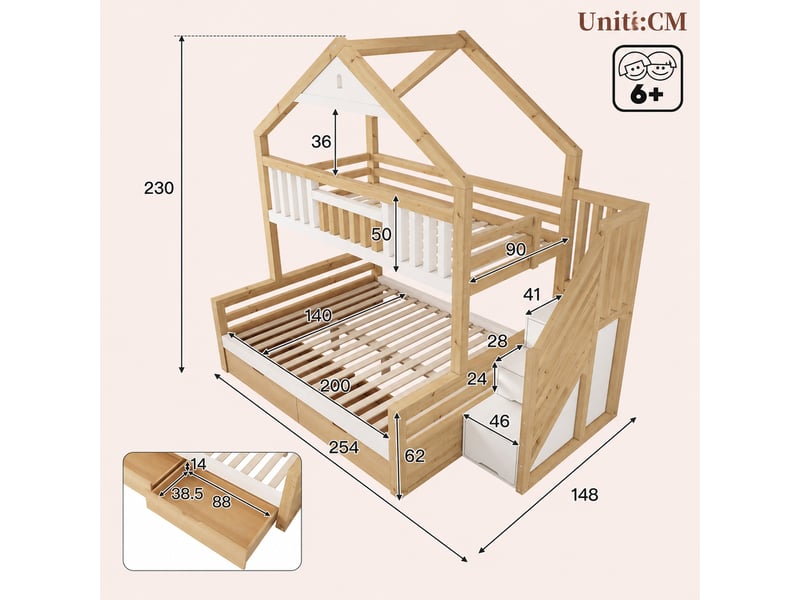  Lit superposé 3 places 90x200 cm et 140x200 cm avec escalier de rangement, 2 tiroirs, sans matelas, blanc et chêne  - Conforama D