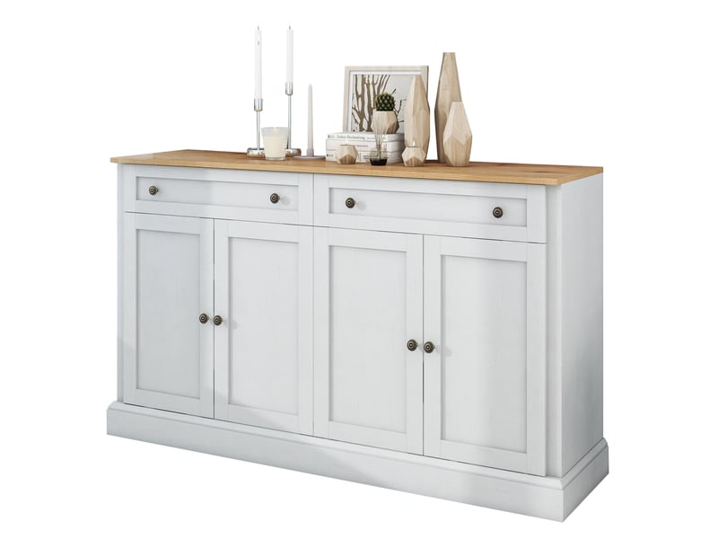 Grand buffet 4 portes et 2 tiroirs, meuble de rangement 150 cm, buffet blanc et bois naturel pour salon et salle à manger - Conforama A