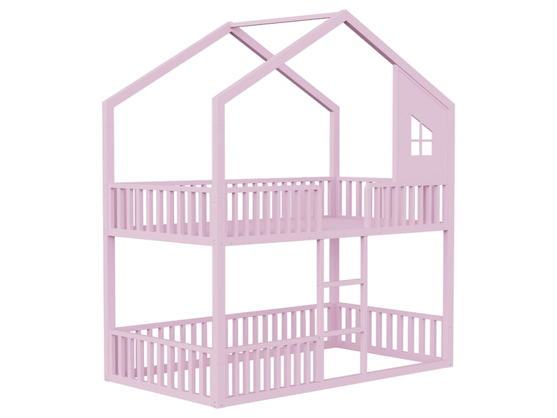 Lit superposé 90x200 cm, lit enfant, échelle, cadre métallique robuste, toit et fenêtres décoratifs, couchage confortable pour 2 personnes, métal rose OPULERANE TRADING LTD - Conforama E