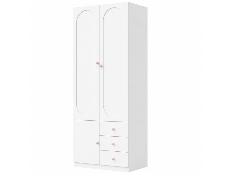 Armoire enfant 80 x 50 x 200 cm avec 2 portes, tiroirs, penderie et poignées en céramique rose, finition laquée blanche, grand meuble de rangement pour chambre OPULERANE TRADING LTD - Conforama A