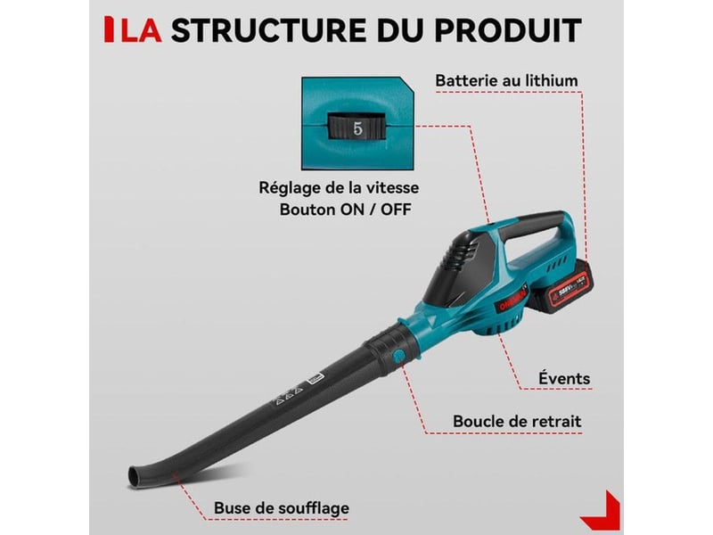  Souffleur de feuilles sans fil 500 w 28000 tr min 5 vitesses avec 2 batteries 3ah  - Conforama B