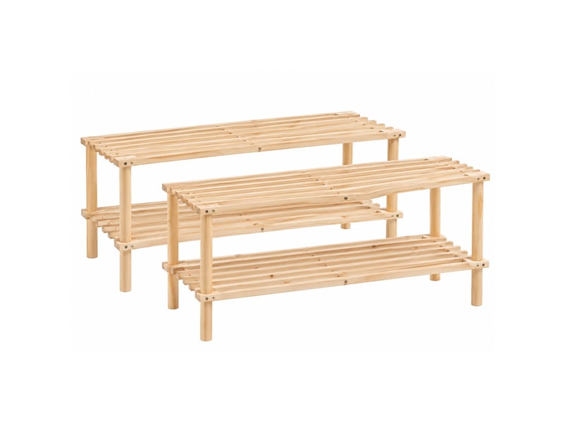  Lot de 2 étagère à chaussures en bois de sapin naturel à 2 niveaux à lattes-longueur 64 x profondeur 26 x hauteur 30 cm  - Conforama A