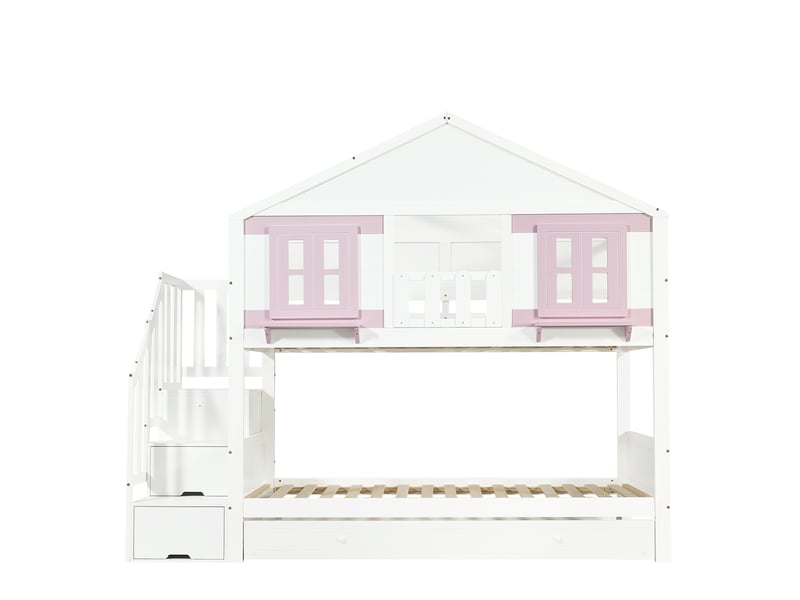 Lit superposé enfant 90x200 cm – blanc et rose – couchage gigogne et escalier de rangement - sans matelas - Conforama D
