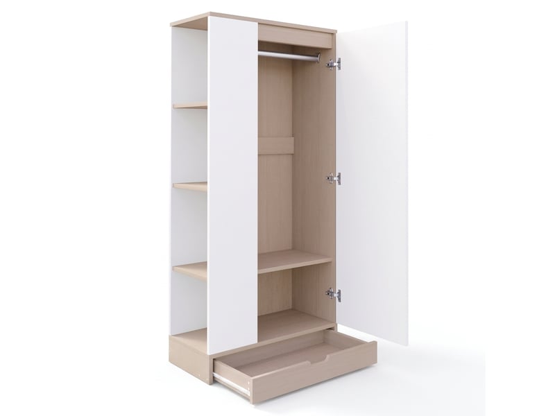  Armoire 1 porte blanche et bois naturel 70x40x170 cm avec étagères et tiroirs, meuble de rangement chambre  - Conforama A