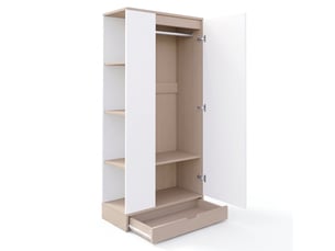 Armoire 1 porte blanche et bois naturel 70x40x170 cm avec étagères et tiroirs, meuble de rangement chambre