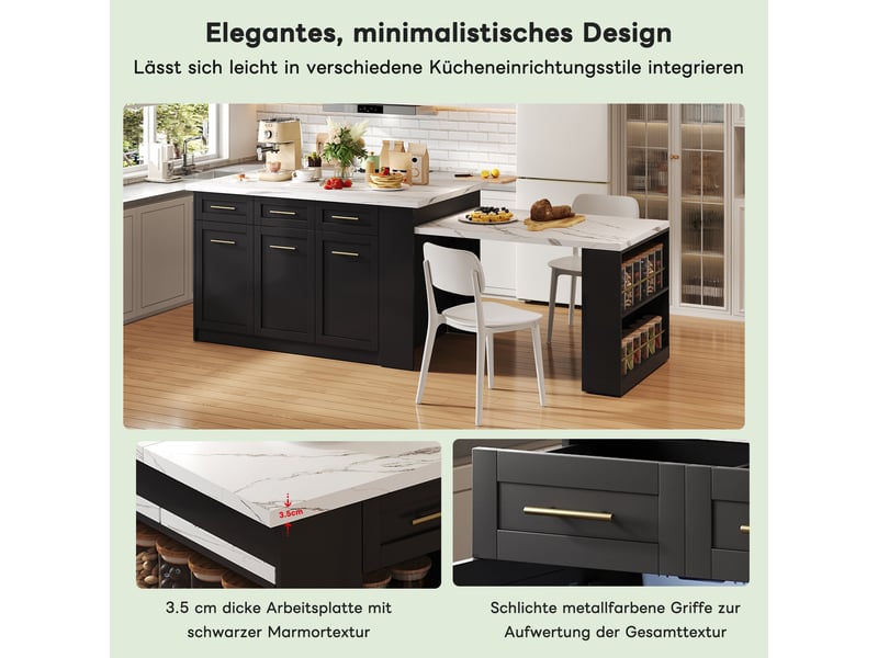  Îlot de cuisine 150 × 90 × 90 cm noir, mdf, plateau effet marbre blanc, table extensible 96 cm et nombreux rangements  - Conforama E
