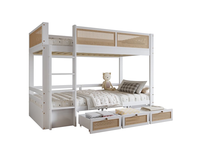  Lit superposé enfant blanc et naturel 90 x 200 cm avec 3 tiroirs à roulettes  - Conforama A