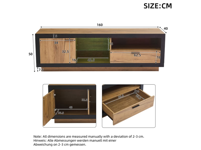  Meuble tv led avec 1 tiroir, rangement fermé et 3 niches, éclairage par application, pour salon, noir chêne, 160 × 40 × 50 cm  - Conforama E