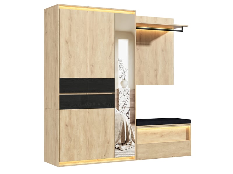  Garde-robe d'entrée 200x47x200 cm avec miroir et led, mdf, bois, grande armoire de rangement entrée et dressing, déco  - Conforama A