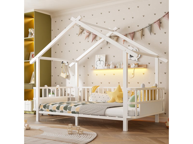  Lit simple 90x200 cm, lit enfant, barrière antichute, forme maison, métal blanc  - Conforama A
