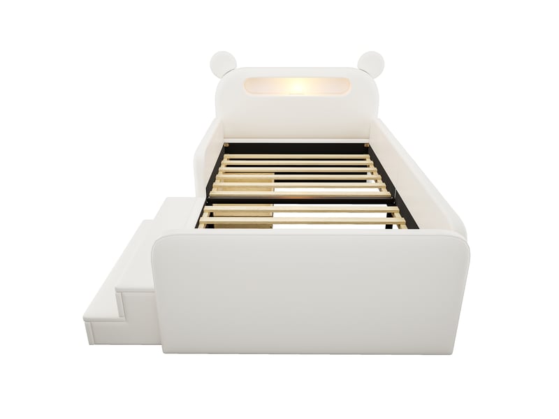 Lit enfant 90x200 cm en similicuir blanc, tête de lit ours, veilleuse, usb et rangement - Conforama E