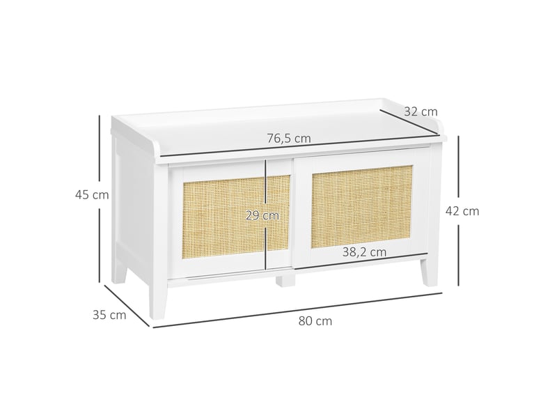  Meuble à chaussures avec banc intégré, 2 portes, style cannage en rotin, charge maximale 130 kg, pour entrée, 80 x 35 x 45 cm, blanc et naturel  - Conforama E