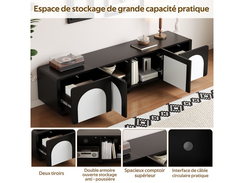  Meuble tv avec 2 tiroirs, 2 portes et passe-câbles pour salon 180×38×45 cm en mdf noir et blanc  - Conforama C