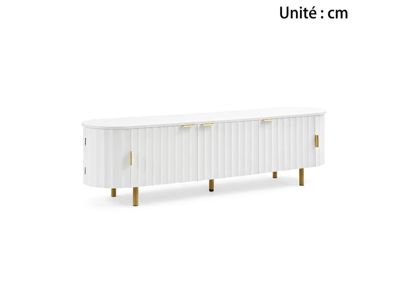  Meuble tv blanc 170 cm en mdf avec 5 portes à façade nervurée et bords arrondis  - Conforama C