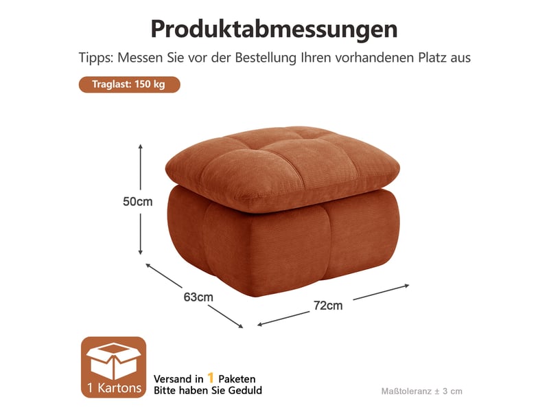 Pouf repose-pieds - 72 x 63 x 50 cm - ottoman en tissu chenille avec coussin moelleux - orange  - Conforama E