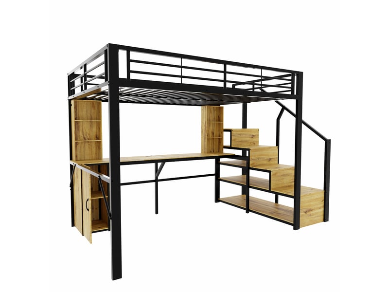  Lit mezzanine 140 × 200 cm noir, bureau usb, armoire et escalier avec rangement IKSETERA TRADING LTD - Conforama E
