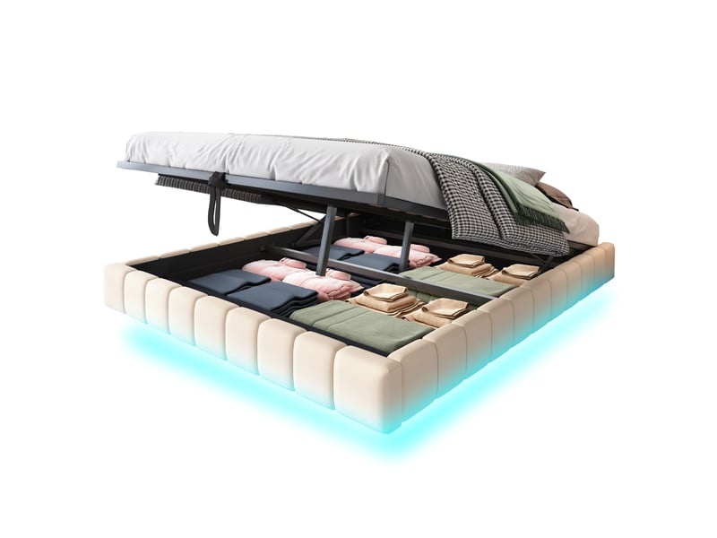  Lit flottant 160x200 cm en tissu beige, sans tête de lit, coffre hydraulique et led intégrée  - Conforama D