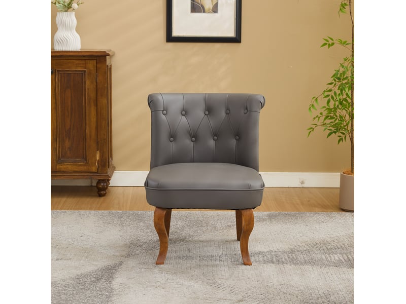  Chaise de salle à manger rembourrée avec dossier capitonné et pieds en bois massif, cuir de vachette gris  - Conforama C