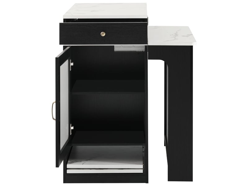  Îlot de cuisine, desserte extensible avec plateau amovible, multiprises et tiroirs, effet marbre, mdf et verre, noir et blanc  - Conforama R