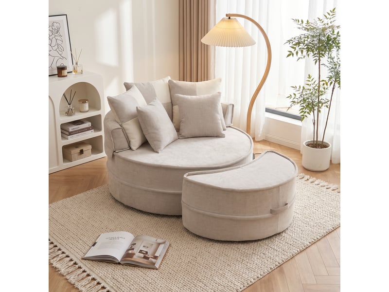  Fauteuil rond gris en tissu chenille avec repose-pieds intégré et coussins pour salon moderne  - Conforama B