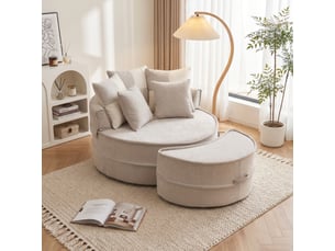 Fauteuil rond gris en tissu chenille avec repose-pieds intégré et coussins pour salon moderne