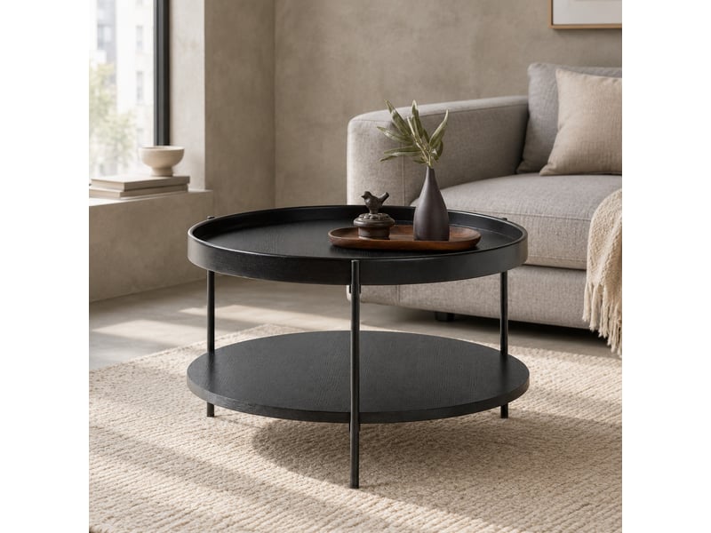  Table basse ronde à 2 plateaux – bois, mdf et métal noir – ø 69 x h 38 cm  - Conforama C