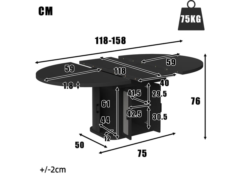  Table à manger extensible 118-158x118 cm pour 2 à 6 personnes, rangement caché, portes à rideau latérales, étagères réglables, mdf noir  - Conforama D