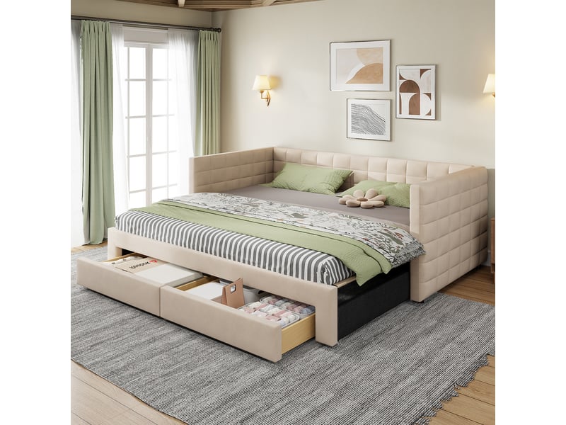  Lit coffre 3en1 90180x190cm - canapé lit escamotable + 2 tiroirs + latttes - lin - beige CozyNest - Conforama E