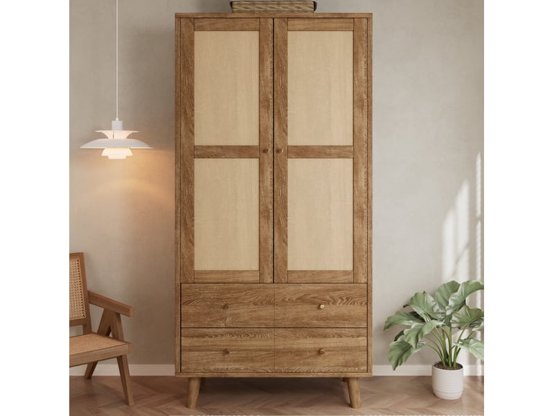  Armoire 80x50x180 cm avec penderie, 2 tiroirs et décor rotin coloris noyer naturel  - Conforama B