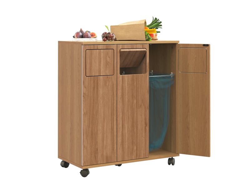 Meuble de tri des déchets 69,3x35x80 cm à roulettes en mdf avec 3 portes couleur naturel, confort optimal - Conforama A
