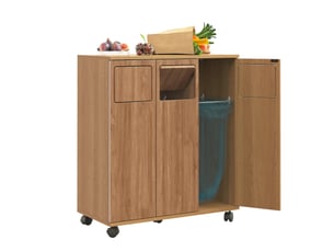 Meuble de tri des déchets 69,3x35x80 cm à roulettes en mdf avec 3 portes couleur naturel, confort optimal