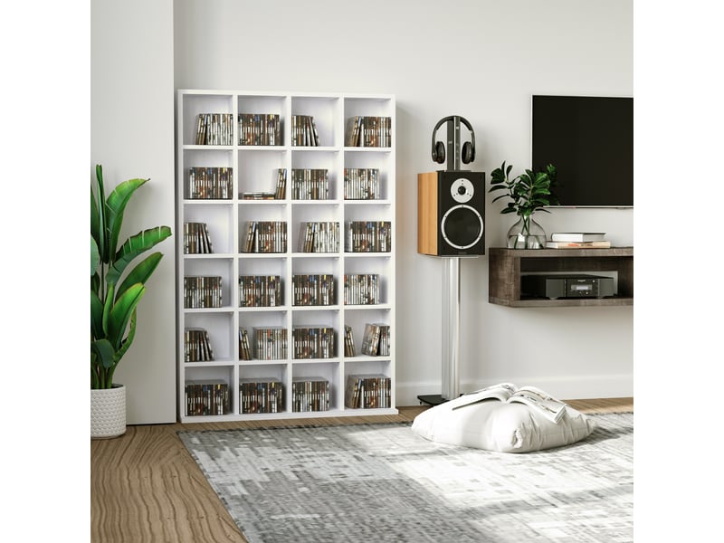  Bibliothèque à cd à 24 niveaux, hauteur réglable, en bois, 130,5 x 89 x 20 cm, blanche  - Conforama C