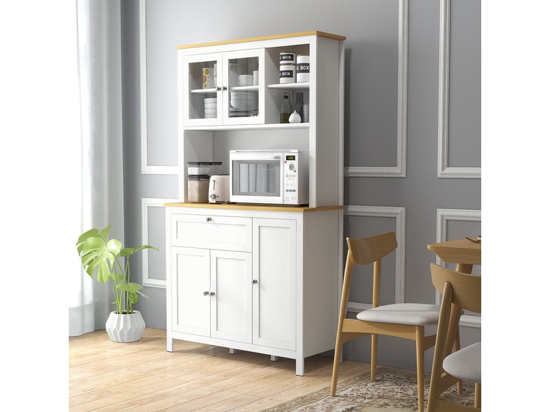  Buffet de cuisine haut à 5 portes, dont 2 portes vitrées et 1 tiroir, 1 niche centrale – hauteur 180 cm, blanc  - Conforama D