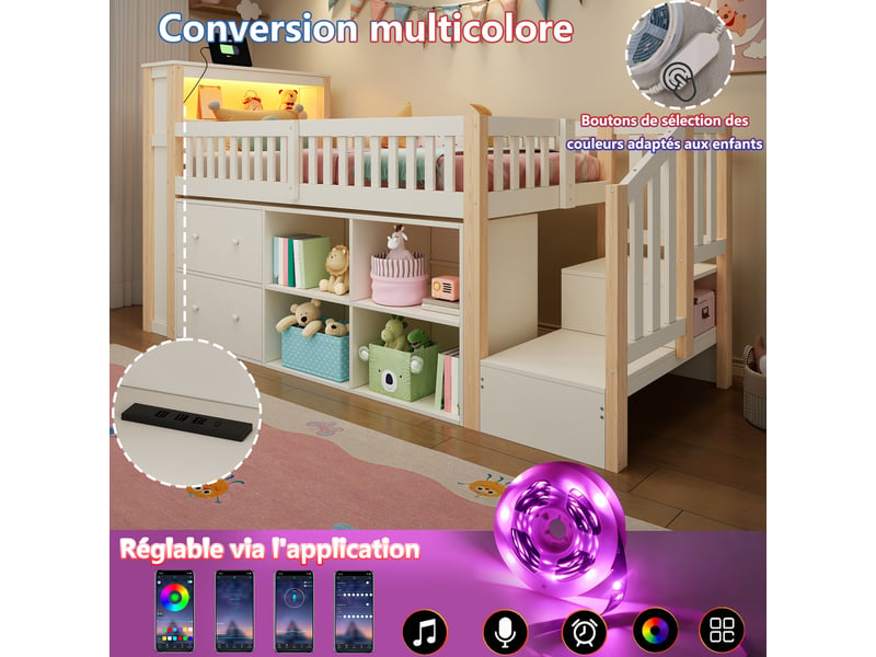  Lit mezzanine 90x200 cm – avec escalier rangement étagères led et usb – pin massif et mdf – naturel CozyNest - Conforama E