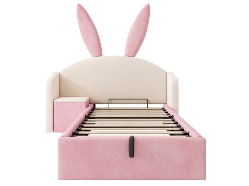  Lit enfant, 90x190 cm,avec tête oreilles de lapin,coffre et table de nuit,velours,beige et rose  - Conforama A