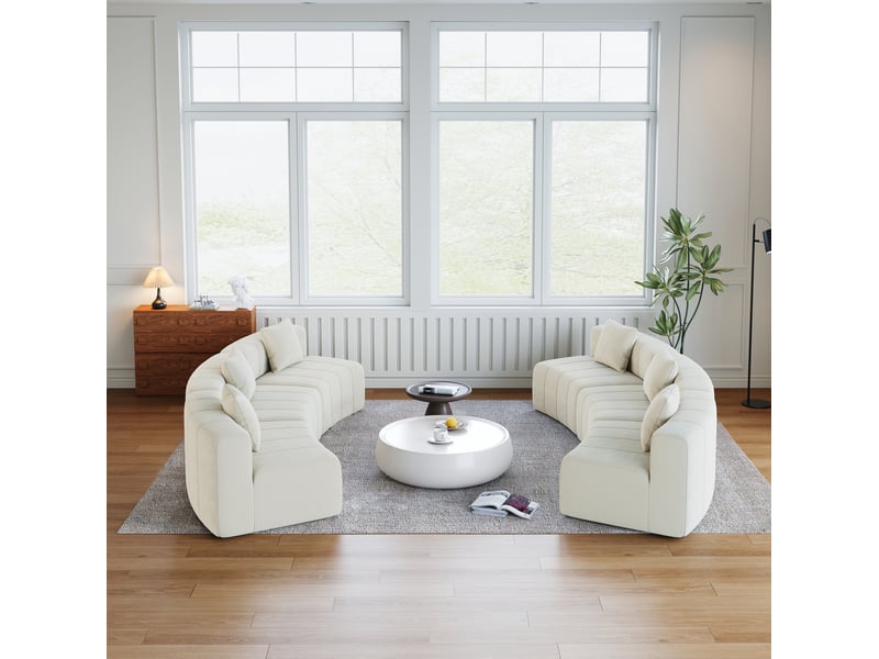 Canapé modulaire semi-circulaire 6 places avec 2 coussins, assise style touches de piano en chenille beige - Conforama D
