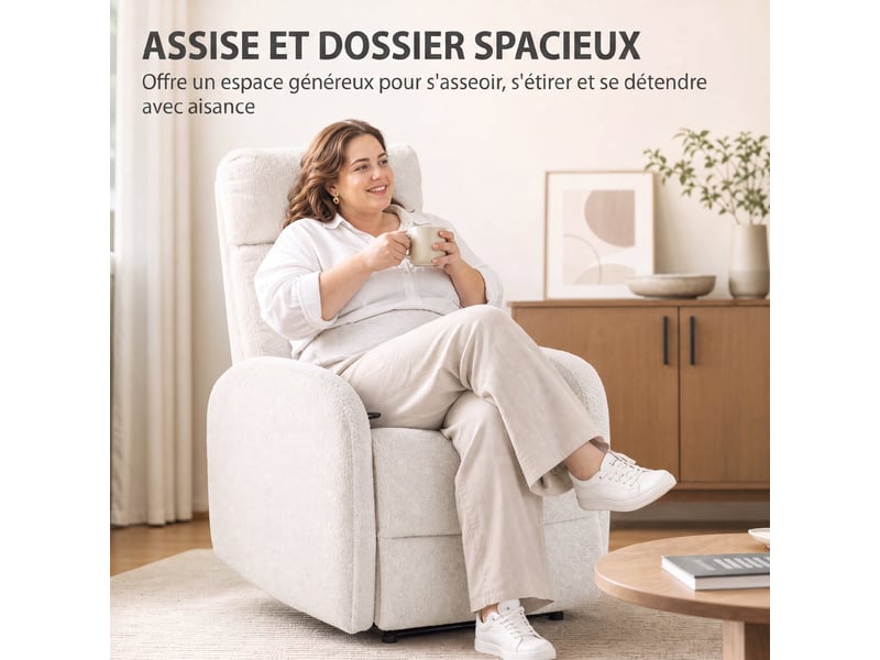  Fauteuil relax inclinable, fauteuil de relaxation en peluche teddy, assise à ressorts, accoudoirs rembourrés, crème  - Conforama E
