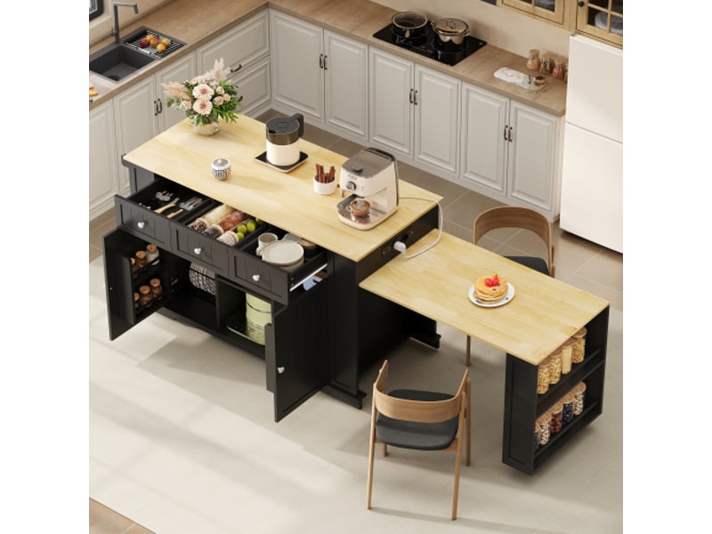  Îlot de cuisine mobile avec chariot et bar escamotable – table extensible – 7 roulettes – 138(213)×55×93 cm  - Conforama D