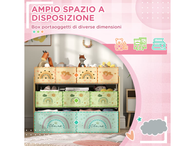  Meuble de rangement pour jouets d'enfants à 3 niveaux avec 9 bacs en tissu, 93 x 30 x 70 cm, jaune  - Conforama E
