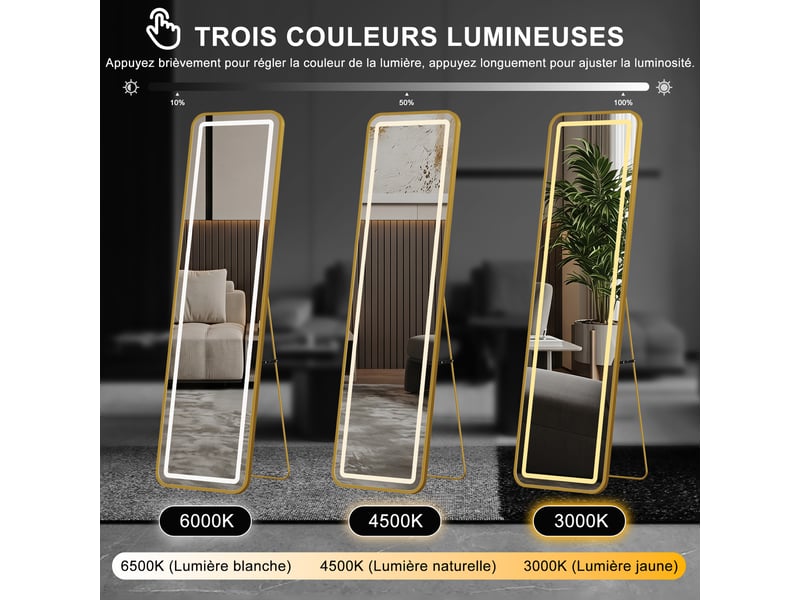  Miroir led pleine longueur 150x40 cm,miroir mural, éclairage 3 couleurs ,verre trempé, cadre aluminium doré  - Conforama E