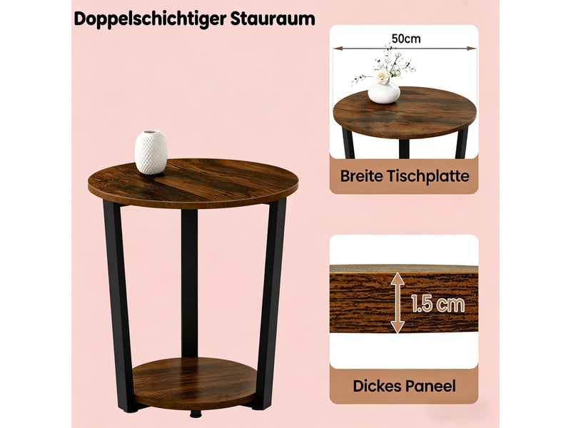  Table d'appoint ronde avec 2 étagères en bois et métal marron rustique ø50x53 cm  - Conforama D