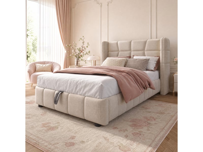  Lit coffre 90x200 cm avec rangement et mécanisme de levage en tissu beige  - Conforama B