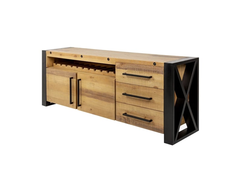 Buffet cavara 195 cm – pin massif brun vintage et métal noir – 2 portes, 3 tiroirs et range-bouteilles  - Conforama A