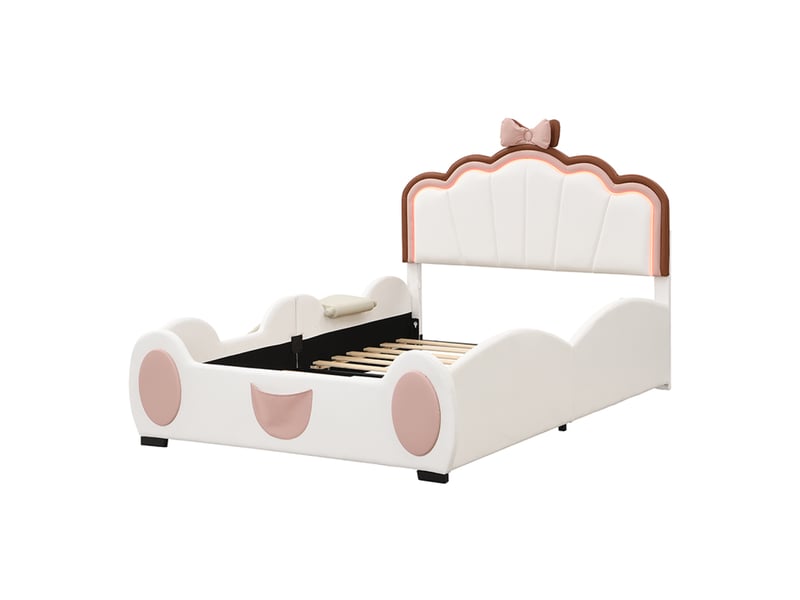  Lit enfant 140×200 cm avec toboggan et échelle, télécommande led, sans matelas, rose et blanc  - Conforama E