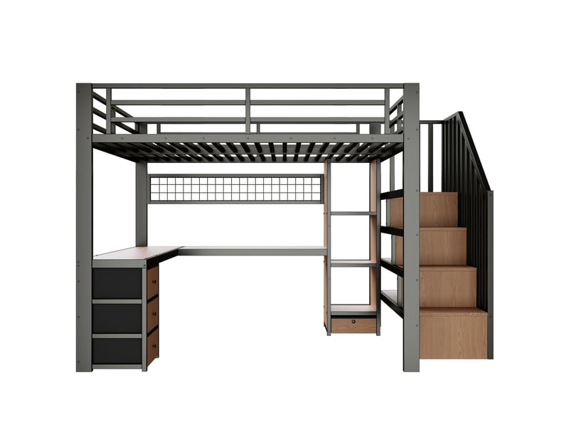 Lit mezzanine ,90x200cm, avec lumineuse led, bureau intégrés et compartiment de rangement, noir - Conforama A