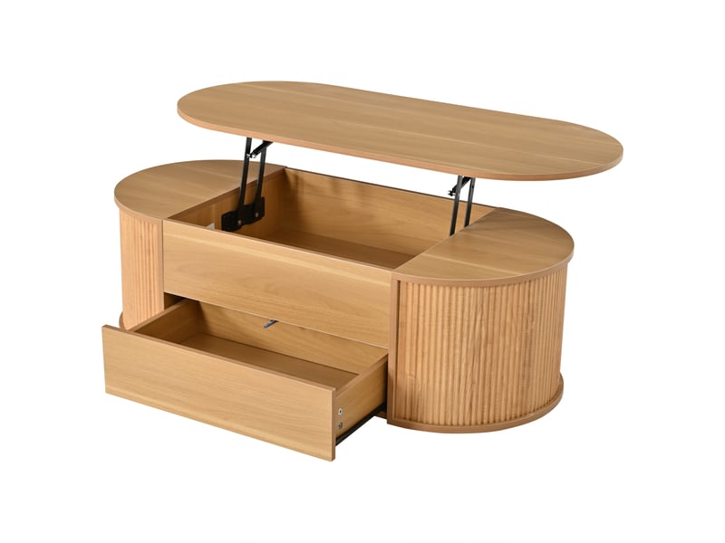  Table basse relevable ovale 100x50cm bois clair avec tiroir et rangement caché  - Conforama A