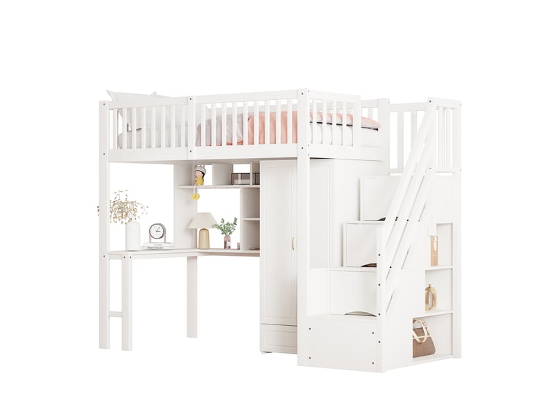  Lit mezzanine enfant 90x200 cm, lit simple, dressing, bureau et rangement escalier, pin et mdf, blanc, sans matelas  - Conforama A