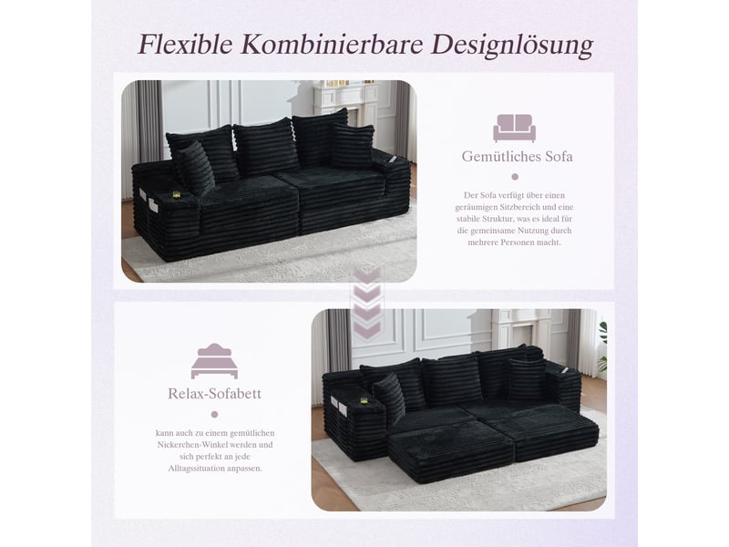  Canapé convertible, canapé-lit; porte-gobelets, noir, en velours tricoté  - Conforama D